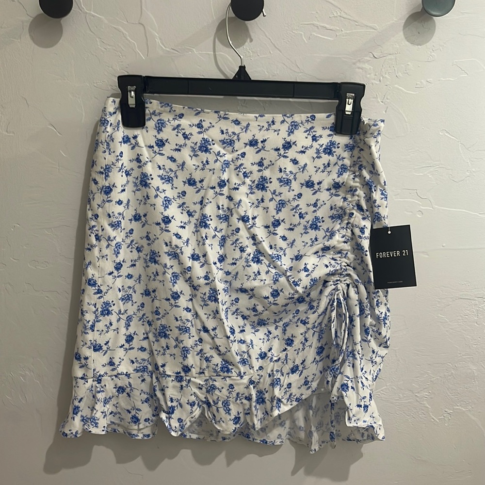 Forever 21 White Mini Skirt with Blue Floral Print